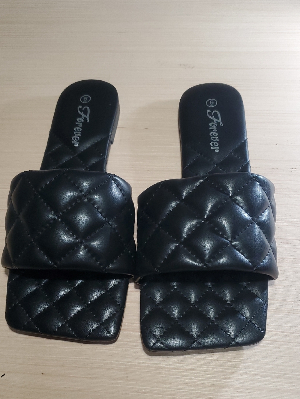 Forever Link Black Quilted Slide Mules with Square Toe
